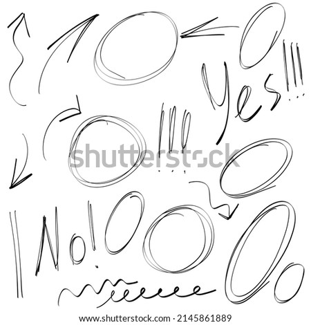Highlighter ovals lines, arrows, check, circle, yes, no, isolated on white background. Marker pen highlight underline strokes. Vector hand drawn graphic doodle element.