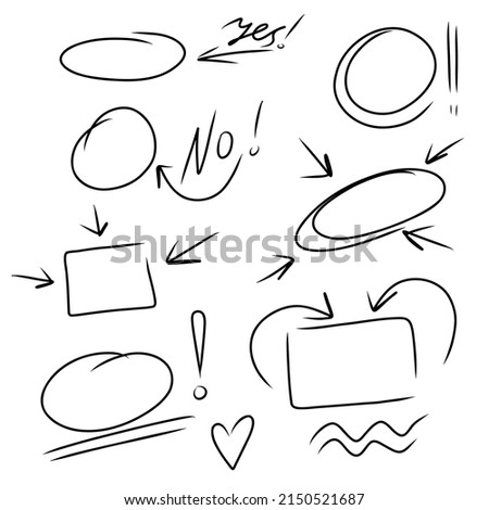 Highlighter ovals square set. Marker Lines, arrows, check, circle, yes, isolated on white background. Marker pen highlight underline strokes. Vector hand drawn graphic doodle element.