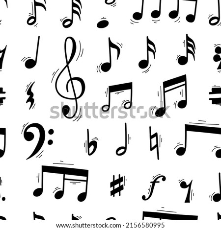 Music note doodle hand drawn seamless pattern. Sketch style musical note pattern, key element. Melody musical symbol, black shape vector illustration.