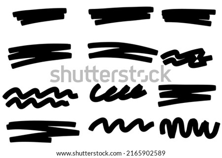 Hand drawn marker line stroke set. Highlight underline and strike through. Pen line template. Vector illustration isolated on white background.