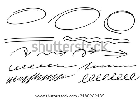 Highlight oval frames, marker arrows, hand drawn underlines lines. Hand drawn scribble doodle circle set. Ovals and ellipses line template. Stock vector illustration isolated on white background.