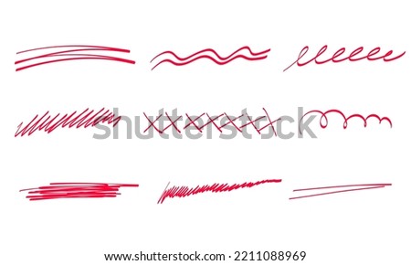 Hand drawn marker pen line stroke set. Highlight underline and strike through. Pen line template. Vector illustration isolated on white background.
