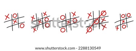 Tic tac toe. Hand drawn sketch tic tac toe kids game. X-O children game set. Win in tictactoe. Vector doodle illustration on white background.