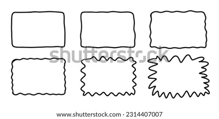 Rectangle doodle frame set. Doodle hand drawn wavy curve deformed textured frames. Border sketch. Vector illustration on a white background.