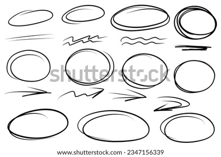 Highlight felt oval frames, arrows, hand drawn lines. Handdrawn marker underlines scribble doodle circle set. Ovals and ellipses line template. Stock vector illustration isolated on white background.
