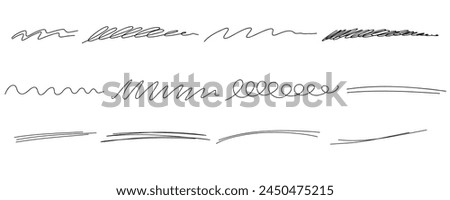 Hand drawn line set. Highlight marker underline, stroke and strike through. Pen line template. Vector illustration isolated on white background.
