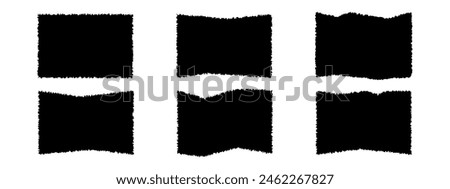 Set of Torn Paper Pieces Frames. Black grunge jagged rectangle frames. Vector Collage Shape of Black Ripped Papers Silhouettes Sheet for Sticker, Collage, Banner isolated on white background. 
