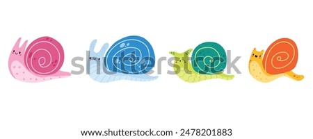 Doodle snail. Cartoon cute snail character collection. A children's illustration of a small snail. Stock vector illustration isolated on a white background.