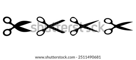 Scissors icon set. Simple silhouette of open scissors. Scissors logo icon. Stock vector cut here illustration isolated on a white background.