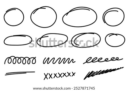 Hand drawn oval frames and lines set. Ovals of different widths. Highlight circle frames. Ellipses in doodle style. Set of handwritten vector illustration isolated on white background.