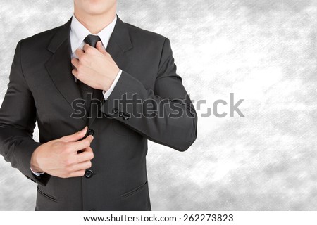 Well dressed businessman looklike smart adjusting  his neck tie on  background : fill text