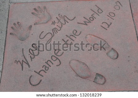 HOLLYWOOD, CA - DECEMBER 7 : Footprints and hand prints of Will Smith at the Kodak theater pictured on December 7, 2012 in Hollywood, California, USA.