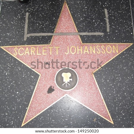 HOLLYWOOD - JULY 11: Scarlett Johansson\'s star on Hollywood Walk of Fame, as seen on July 11, 2013 in Hollywood, California. This star is located on Hollywood Blvd. and is one of 2400 celebrity stars.
