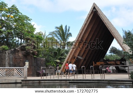 OAHU, HAWAII - DEC 26: Polynesian Cultural Center in Oahu, Hawaii, as seen on December 26, 2012. The center is owned by the The Church of Jesus Christ of Latter-day Saints (LDS Church).