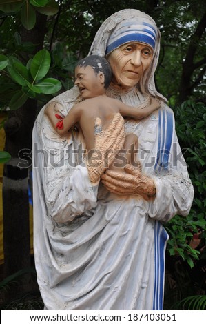 HYDERABAD, INDIA - JULY 27: Mother Teresa statue at Shilparamam in Hyderabad, India, on July 27, 2012. It is an arts and crafts village creating an environment for preservation of traditional crafts.