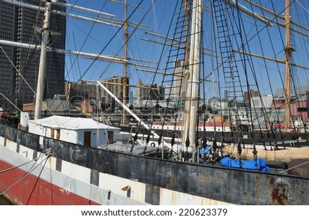 NEW YORK, NY - APRIL 12: The Wavertree, an iron-hulled sailing ship docked at South Street Seaport in New York City, as seen on April 12, 2014.