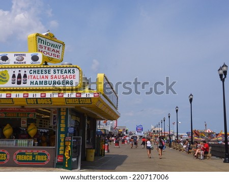 SEASIDE HEIGHTS, NEW JERSEY - AUG 17: Restaurants at Seaside Heights at Jersey Shore in New Jersey, as seen on August 17, 2014. The Casino pier here features numerous rides and attractions.