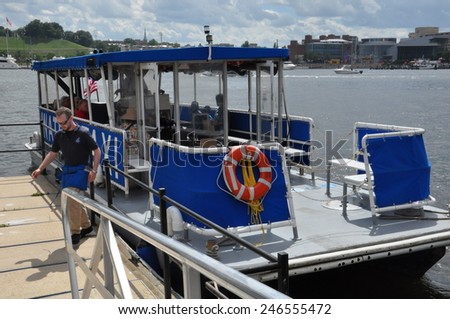 BALTIMORE, MARYLAND - SEP 1: Water Taxi at the Inner Harbor in Baltimore, Maryland, as seen on Sep 1, 2014. It is a convenient way to go around the Harbor.