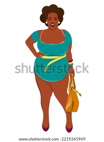 African american attractive young girl wearing mini dress and high heels, happy, smiling holding bag. Plus size dark skin model with afro curly hair.