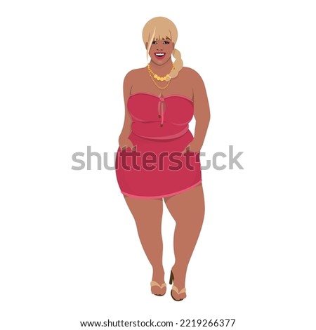 Beautiful black plus size woman wearing in pink mini dress and high heel shoes. Attractive african american curvy model smiling happy with blond hair. Fashion illustration isolated.
