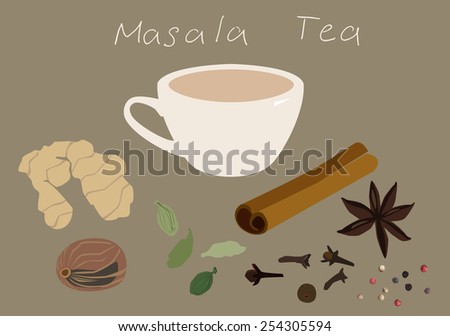 Illustration with cup of masala tea with collection of spices near the cup