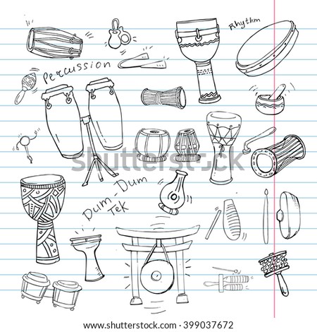 Hand drawn doodles collection of different kinds of African, Indian, Brazilian and Oriental drums. 