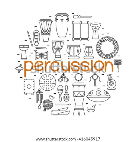 Collection of traditional percussion instruments arranged in circle with big orange word percussion in a center.