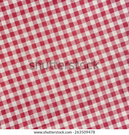 Red and white vintage texture. Red linen checkered tablecloth background.