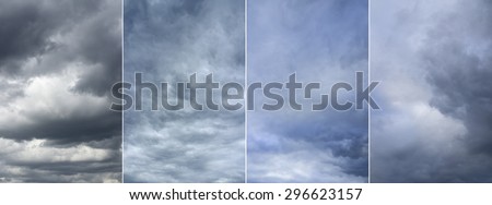 Four image of cloudy sky, every photo 6 MP, 3000 x 2000. Thunderclouds over horizon. Storm sky background.
