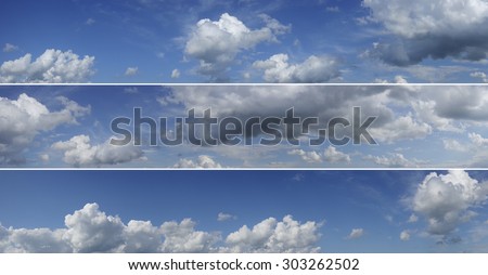 Three sky panoramas. Blue sky and white clouds over horizon.