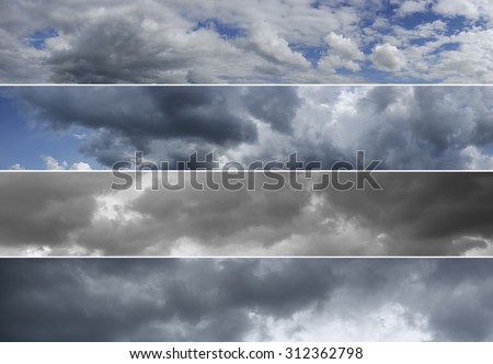 Four panoramas of cloudy sky over horizon. Storm, rainy sky. Thunderclouds.