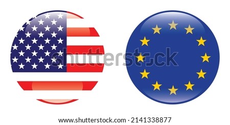 Flags of the European Union and the United States. Circular icon. Standard color. Digital illustration. Computer illustration. Vector illustration.