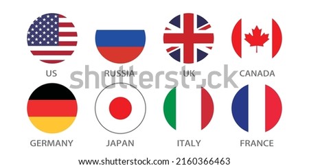 Group of eight. Flag icon. Circular icon. Standard colors. U.S.A. britain. Russia. Germany. Canada. Japan. France. Italy. Computer illustration. Digital illustration. Vector illustration.