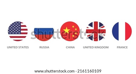 The flag of the five permanent members of the United Nations. U.S.A. Russia. China. britain. France. UN. Circular flag icon. Computer illustration. Digital illustration. Vector illustration.