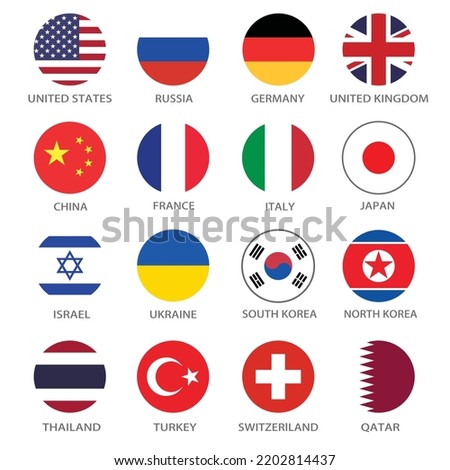 National flags of the United States, Russia, China, Britain, Germany and other countries. Standard colors. Circular icon. Round flag. Digital illustration. Computer illustration. Vector illustration.