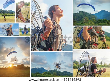Collage telling story about the man who prepares the equipment and then enjoys his paragliding flight