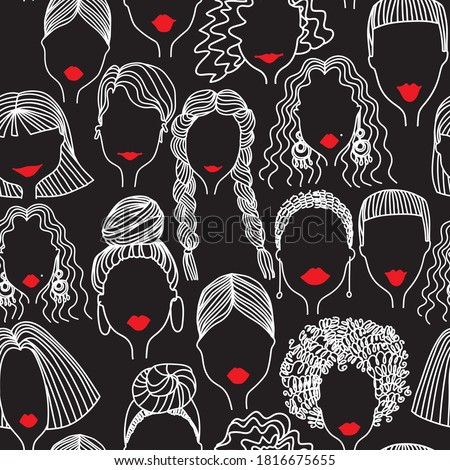 A hand-drawn seamless pattern of silhouettes of women's faces with various hairstyles and red lips on the black background. Stock vector illustration.