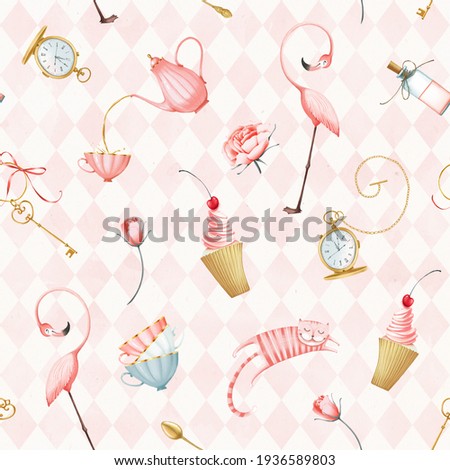 Alice in wonderland seamless pattern on a background of pink rhombuses. Flamingo, teapot, cups, cake, potion bottle, key, watch, cat. Cute style. Stock illustration.