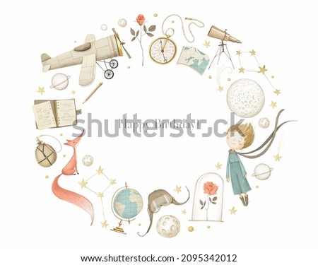 Birthday greeting card 'Little Prince'. Oval frame. White background. Aviation and travel. Stock illustration. Cute cartoon style. Stock foto © 