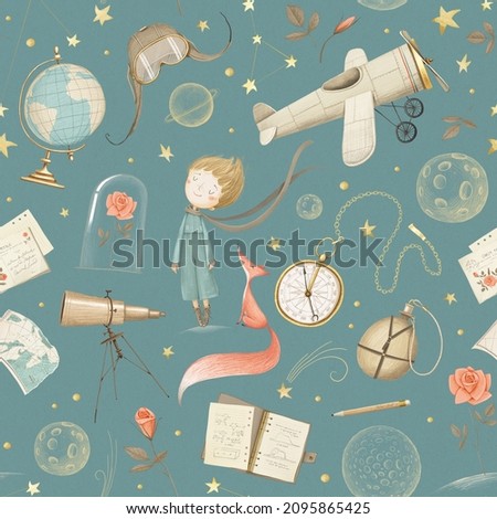 The little prince seamless pattern. Dark blue background. Aviation and travel. Stock illustration. Cute cartoon style. Stock foto © 