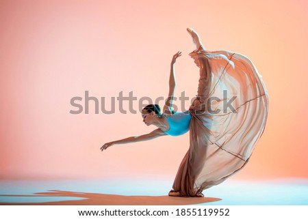 Similar – Image, Stock Photo Young slim ballerina jumping above ground in studio flexing legs.