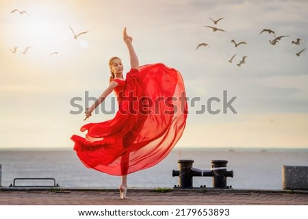 Similar – Image, Stock Photo Slender ballerina in ballet pose on stool