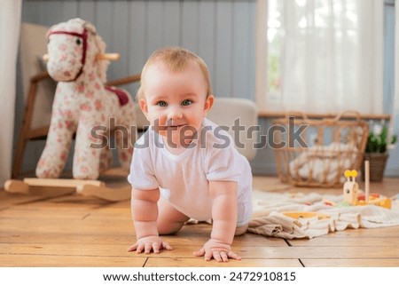 Similar – Image, Stock Photo Little cute baby girl lying in basket