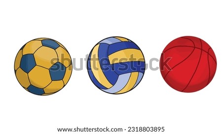 Vector illustration of basketball ball, volleyball ball, soccer ball on white background.