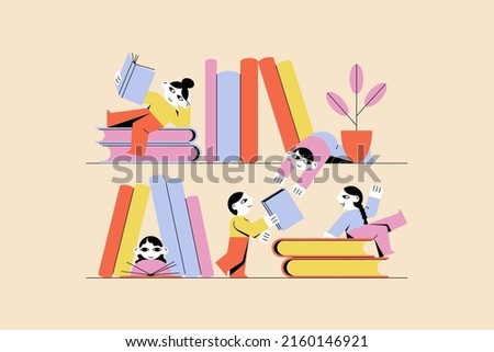 Book exchange, bookcrossing by young students illustration. Literary club concept between friends. Vector flat isolated design of bookstore shelf. Readers exchange literature. 