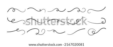 Swoosh underline hand drawing set. Calligraphic inscriptions emphasize the curved line. Vector typography elements. Collection of black brush strokes isolated on white background. Ornament of tails.