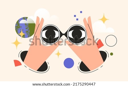 Hands holding binoculars. Concept of search, research or strategy for business. The eyes look forward through the lens. Vector illustration for web or user interface.
