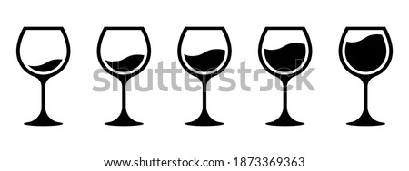 Wine quantity. Different wine quantity in glasses. Different shapes of wine glasses. Full and empty glasses. Glasses collection. Alcocol symbol. Drinking alcohol concept. Vector graphic. EPS 10