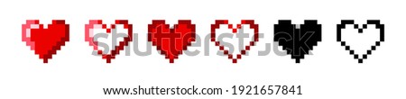 Pixel hearts set in pixel style on white background. Health bar retero pixel game concept. Retro game interface. 8 Bit vector illustration of computer game. Different hearts collection. Vector graphic