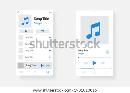 Audio player interface. Music player app interface. Social media screen template mobile audio player. Ui interface. Profile, Album, Song, Playlist mockup. App interface template. Play button. EPS 10